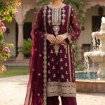Luxurious Deep Maroon Pakistani Chiffon Embroidered Three-Piece Suit – Gold Zari & Sequin Work