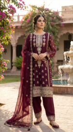 Luxurious Deep Maroon Pakistani Chiffon Embroidered Three-Piece Suit – Gold Zari & Sequin Work