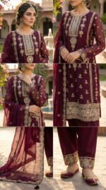 Luxurious Deep Maroon Pakistani Chiffon Embroidered Three-Piece Suit – Gold Zari & Sequin Work - Image 2
