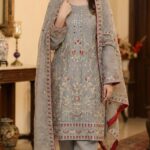​Exquisite Steel Grey Luxury Pakistani Embroidered Three-Piece Suit with Red Accents