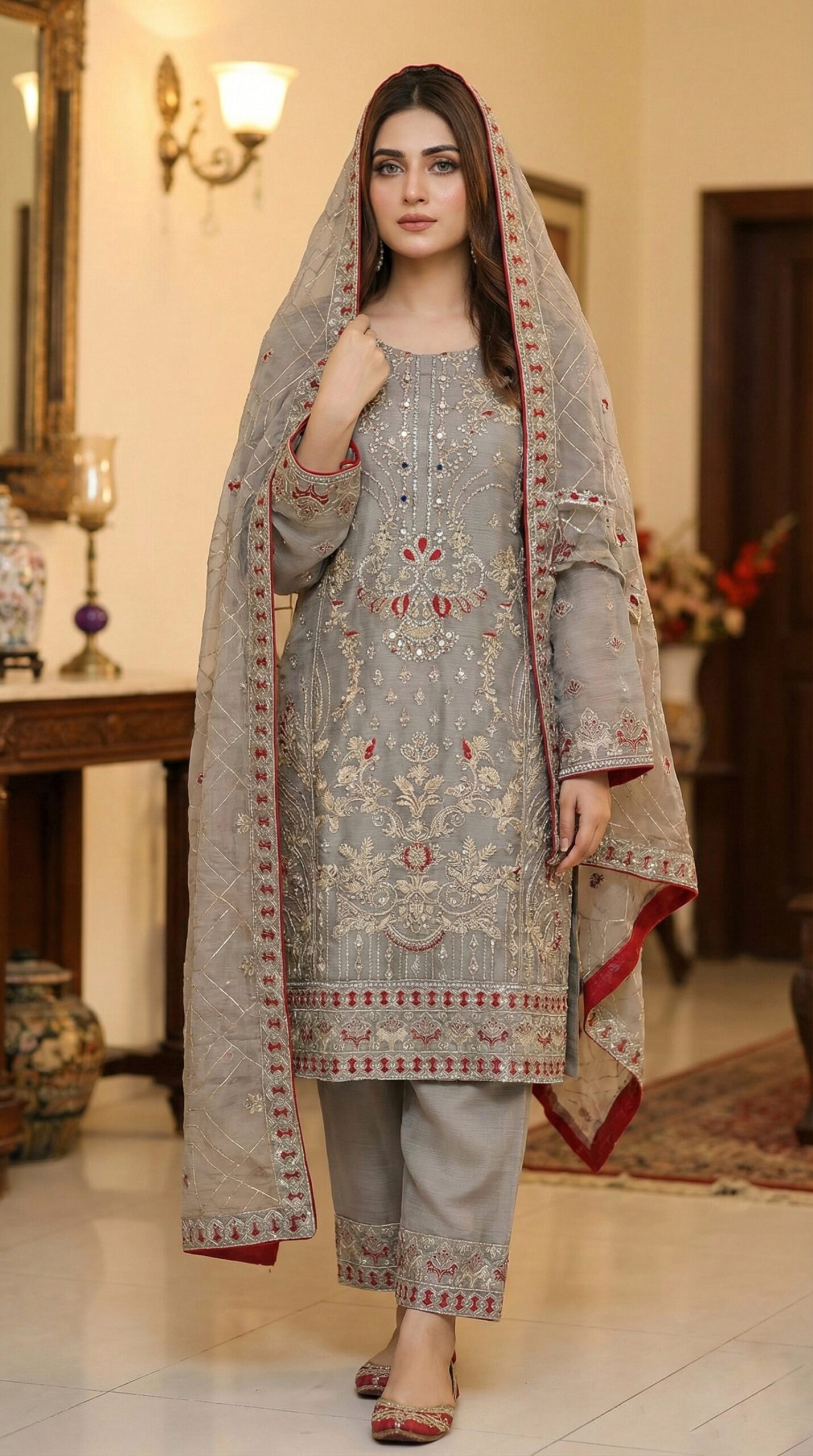 1769245240597 Exquisite Steel Grey Luxury Pakistani Embroidered Three-Piece Suit with Red Accents - Image 1
