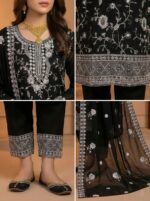 ​Elegant Jet Black Pakistani Style Embroidered Three-Piece Suit – Premium Party Wear - Image 3