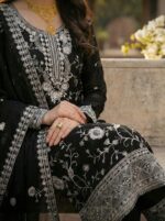 ​Elegant Jet Black Pakistani Style Embroidered Three-Piece Suit – Premium Party Wear - Image 2
