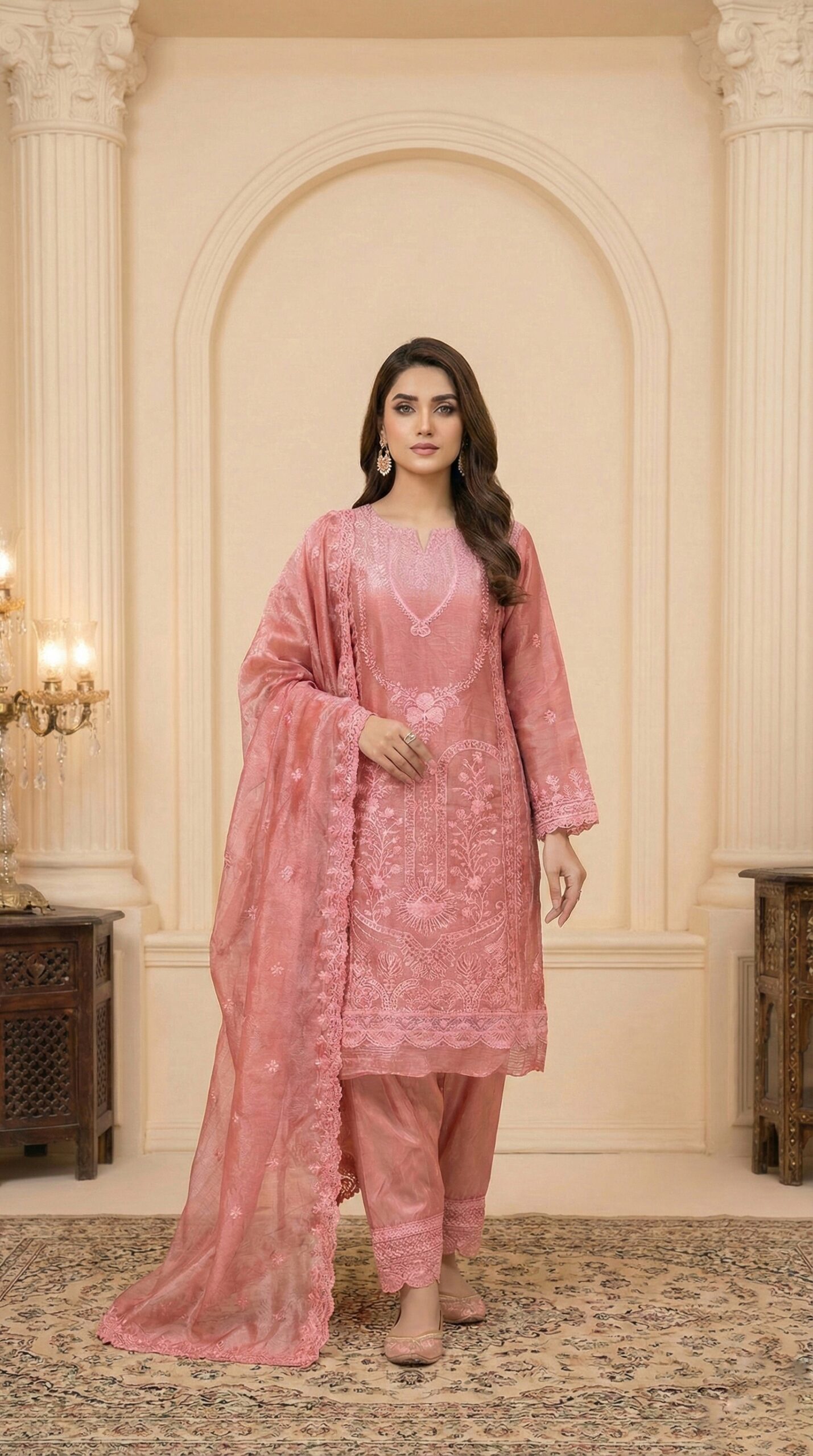 1769254752566 Elegant Peach Organza Embroidered Pakistani Style Three-Piece Suit - Image 1