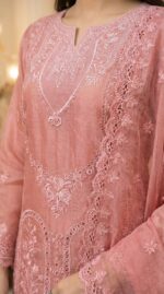 Elegant Peach Organza Embroidered Pakistani Style Three-Piece Suit - Image 2