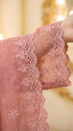 Elegant Peach Organza Embroidered Pakistani Style Three-Piece Suit - Image 3