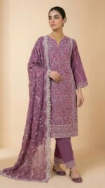 ​Premium Lavender Pakistani Style 3-Piece Georgette Suit with Intricate White Embroidery