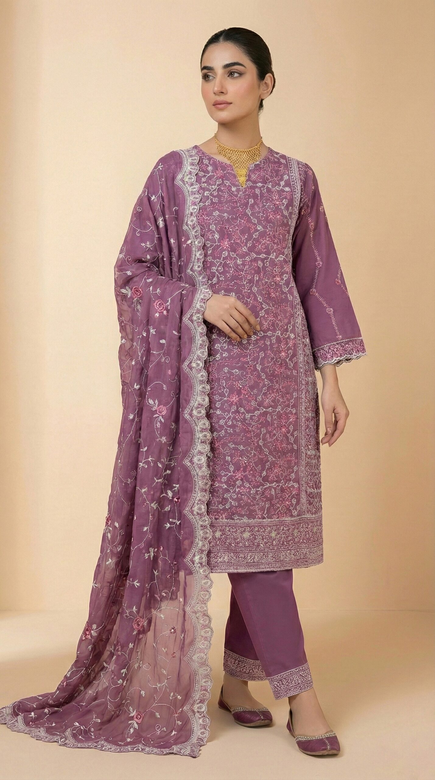 1769255438286 (1) Premium Lavender Pakistani Style 3-Piece Georgette Suit with Intricate White Embroidery - Image 1
