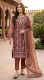 ​Luxury Maroon Embroidered Organza Three-Piece Suit