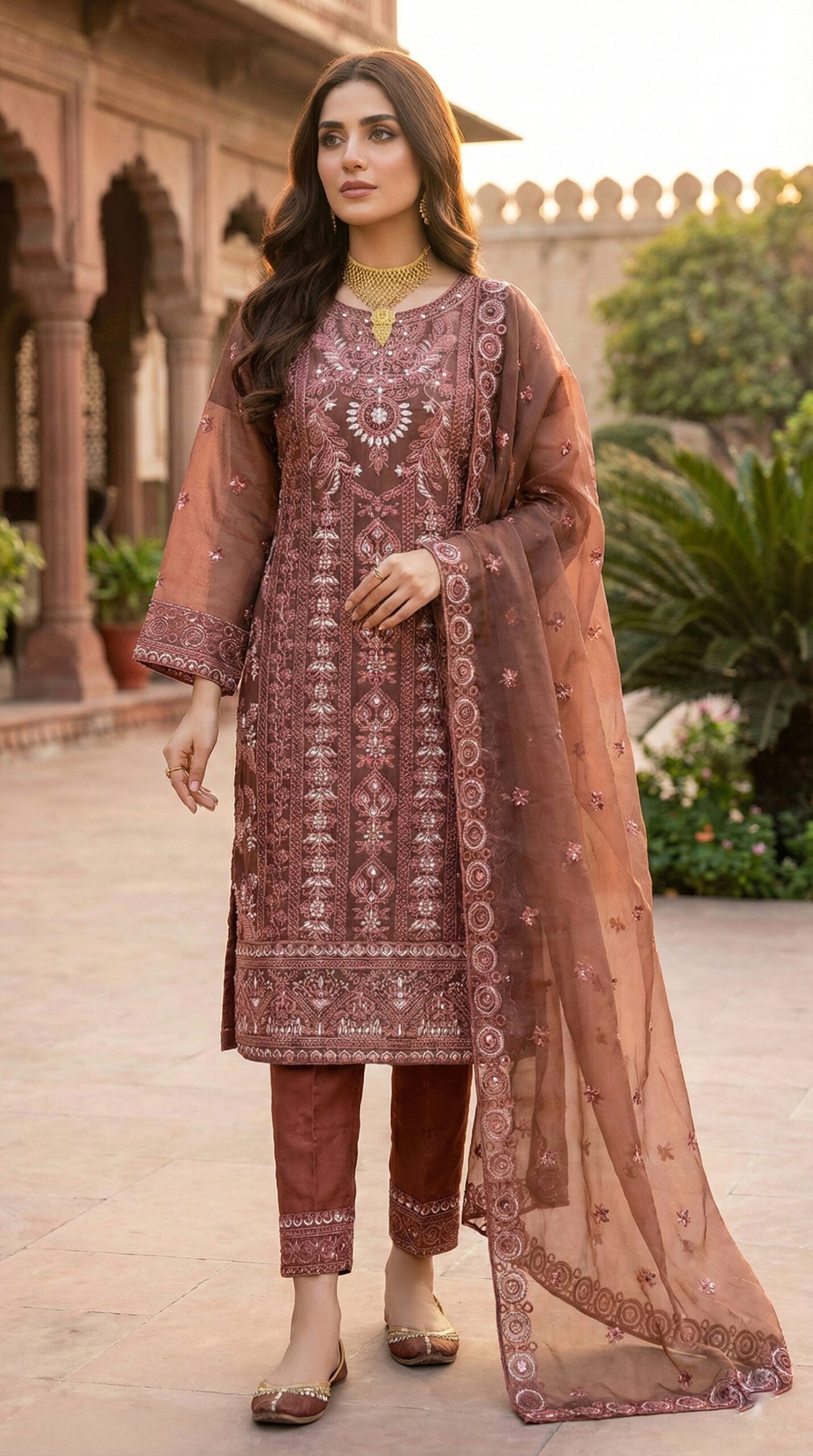 1769256003308 Luxury Maroon Embroidered Organza Three-Piece Suit - Image 1