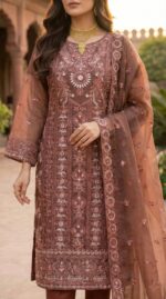 ​Luxury Maroon Embroidered Organza Three-Piece Suit - Image 2