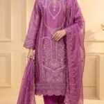 ​Exclusive Royal Purple Organza Embroidered Pakistani Three-Piece Suit – Luxury Party Wear