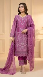 ​Exclusive Royal Purple Organza Embroidered Pakistani Three-Piece Suit – Luxury Party Wear
