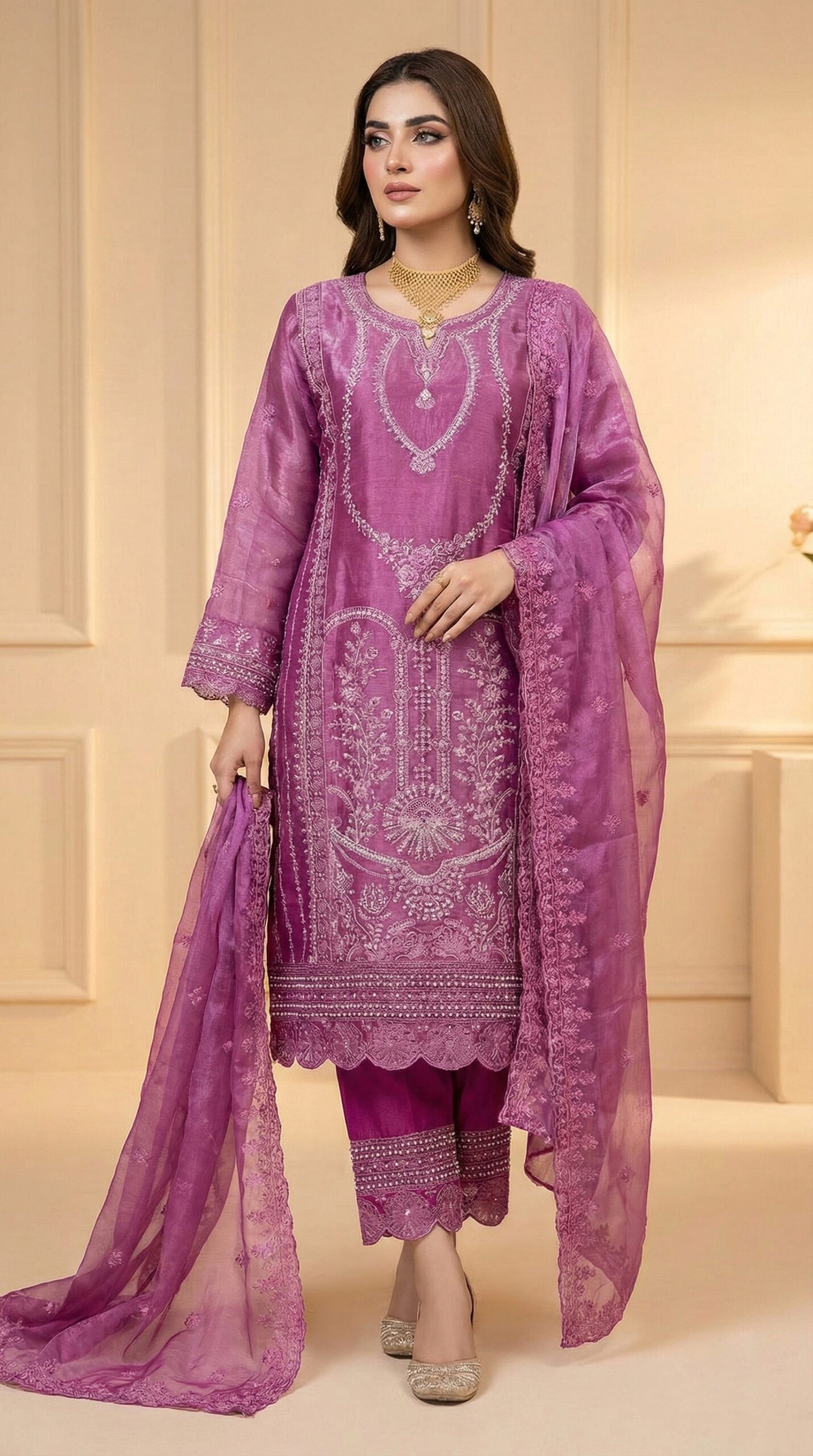 1769256466647 Exclusive Royal Purple Organza Embroidered Pakistani Three-Piece Suit – Luxury Party Wear - Image 1