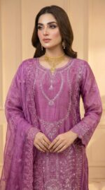 ​Exclusive Royal Purple Organza Embroidered Pakistani Three-Piece Suit – Luxury Party Wear - Image 2