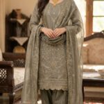 Luxury Metallic Olive Grey Organza 3-Piece Suit – Heavy Embroidered Pakistani Party Wear