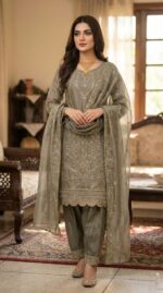 Luxury Metallic Olive Grey Organza 3-Piece Suit – Heavy Embroidered Pakistani Party Wear