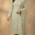 ​Elegant Pistachio Green Embroidered Organza Pakistani Suit – Premium 3-Piece Set