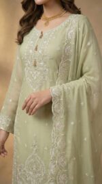​Elegant Pistachio Green Embroidered Organza Pakistani Suit – Premium 3-Piece Set - Image 2
