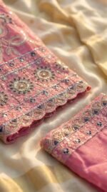 Pink Textured Organza Salwar Kameez with Navy Blue Embroidery & Scalloped Hem | 3-Piece Festive Suit Set - Image 3