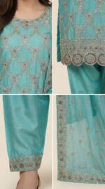 Luxury Sea-Green Shimmer Silk Pakistani Suit with Silver Zari & Cutwork Embroidery - Image 2
