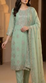Elegant Sage Green Georgette Salwar Kameez with Silver Sequin & Zari Embroidery - Image 2