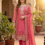 Rani Pink Textured Silk Salwar Kameez with Heavy Zari & Mirror Work Embroidery