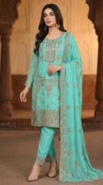 Luxurious Sea Green Georgette Pakistani Salwar Kameez with Heavy Zari & Mirror Work