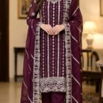Elegant Deep Plum Georgette Pakistani Salwar Kameez with Heavy Sequin & Zari Embroidery – 3 Piece Luxury Set