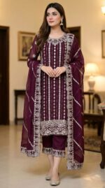 Elegant Deep Plum Georgette Pakistani Salwar Kameez with Heavy Sequin & Zari Embroidery – 3 Piece Luxury Set