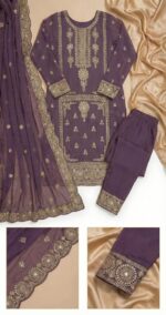 Elegant Deep Purple Georgette Pakistani Suit with Intricate Zari & Mirror Work Embroidery - Image 2