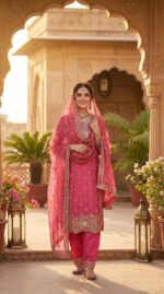 Rani Pink Textured Silk Salwar Kameez with Heavy Zari & Mirror Work Embroidery - Image 2