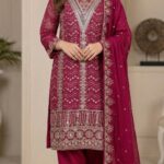 Premium Deep Magenta Georgette Pakistani Suit with Heavy Zari, Sequin & Mirror Work