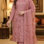 Elegant Dusty Pink Pakistani Style Organza Embroidered Salwar Kameez with Sequin Work