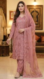 Elegant Dusty Pink Pakistani Style Organza Embroidered Salwar Kameez with Sequin Work