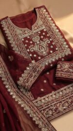 Luxury Maroon Pakistani Style Chiffon Suit with Intricate Silver Zari & Mirror Work Embroidery - Image 2