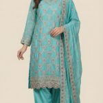 Luxury Sea-Green Shimmer Silk Pakistani Suit with Silver Zari & Cutwork Embroidery