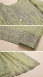 Pistachio Green Mirror Work & Zari Embroidered Luxury Chiffon Suit - Image 2