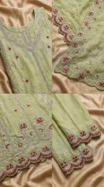 Ethereal Pistachio Green Luxury Chiffon Pakistani Suit with Zari & Scalloped Cutwork - Image 2