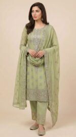 Pistachio Green Mirror Work & Zari Embroidered Luxury Chiffon Suit