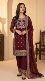 Luxury Maroon Pakistani Style Chiffon Suit with Intricate Silver Zari & Mirror Work Embroidery