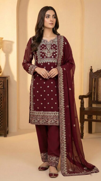 Luxury Maroon Pakistani Style Chiffon Suit with Intricate Silver Zari & Mirror Work Embroidery