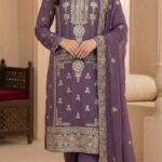 Elegant Deep Purple Georgette Pakistani Suit with Intricate Zari & Mirror Work Embroidery