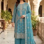 Exclusive Teal Blue Heavy Embroidered Georgette Three Piece Suit - Luxury Party Wear