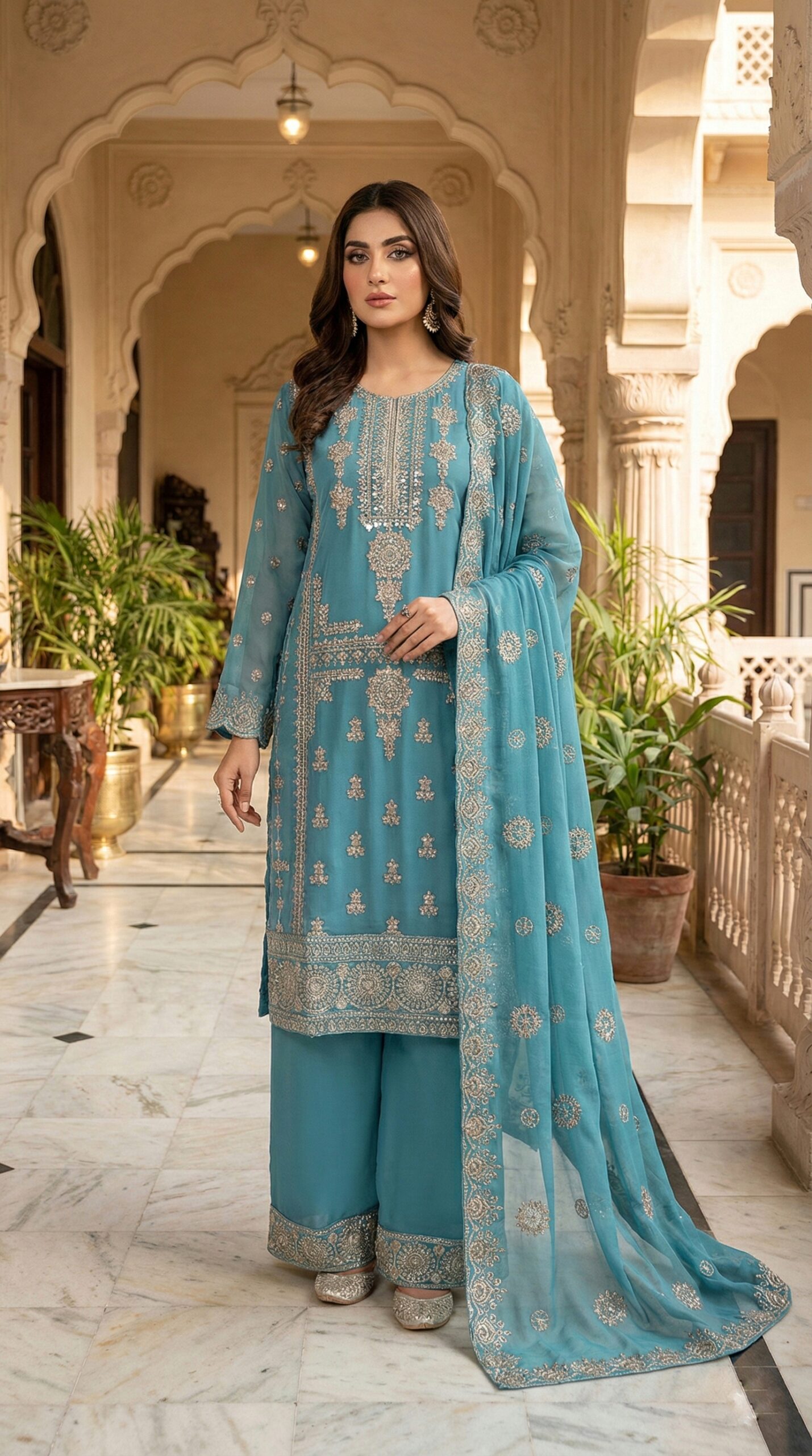 Gemini_Generated_Image_sr14c8sr14c8sr14 Exclusive Teal Blue Heavy Embroidered Georgette Three Piece Suit - Luxury Party Wear - Image 1