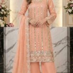 Elegant Peach Pakistani Chiffon Salwar Kameez with Intricate Sequin & Cutwork Embroidery