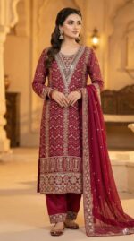 Royal Maroon Georgette Embroidered Pakistani Suit with Zari, Sequin & Mirror Work - Image 2