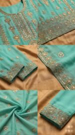 Luxurious Sea Green Georgette Pakistani Salwar Kameez with Heavy Zari & Mirror Work - Image 2