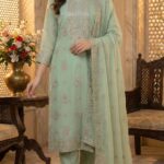 Elegant Sage Green Georgette Salwar Kameez with Silver Sequin & Zari Embroidery
