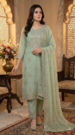 Elegant Sage Green Georgette Salwar Kameez with Silver Sequin & Zari Embroidery